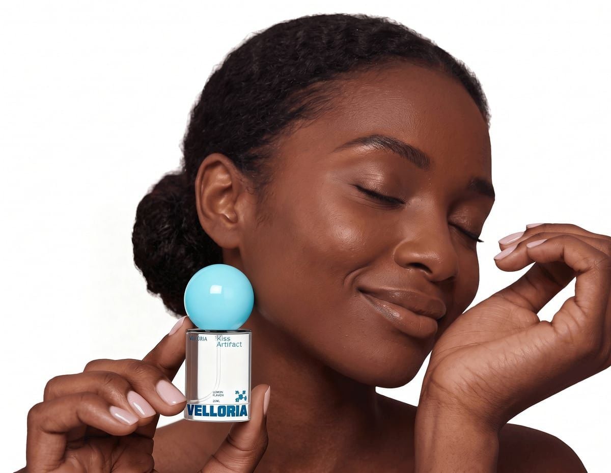 A woman holding the Velloria Kiss Artifact spray