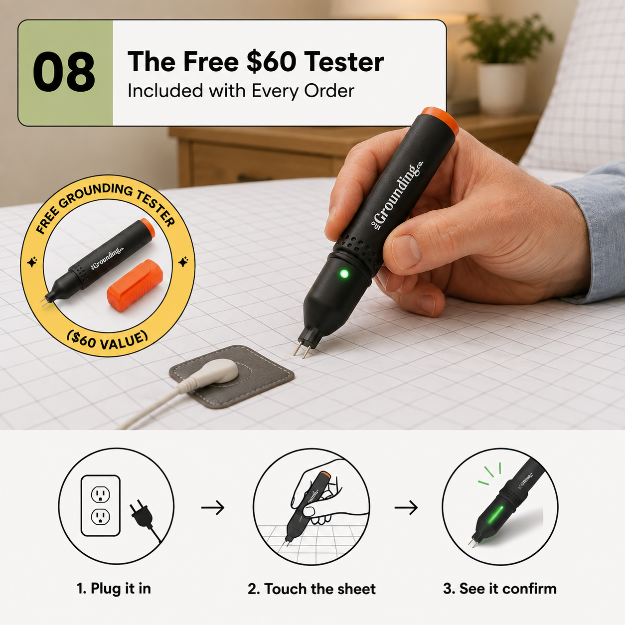 The Grounding Tester device included free with every order