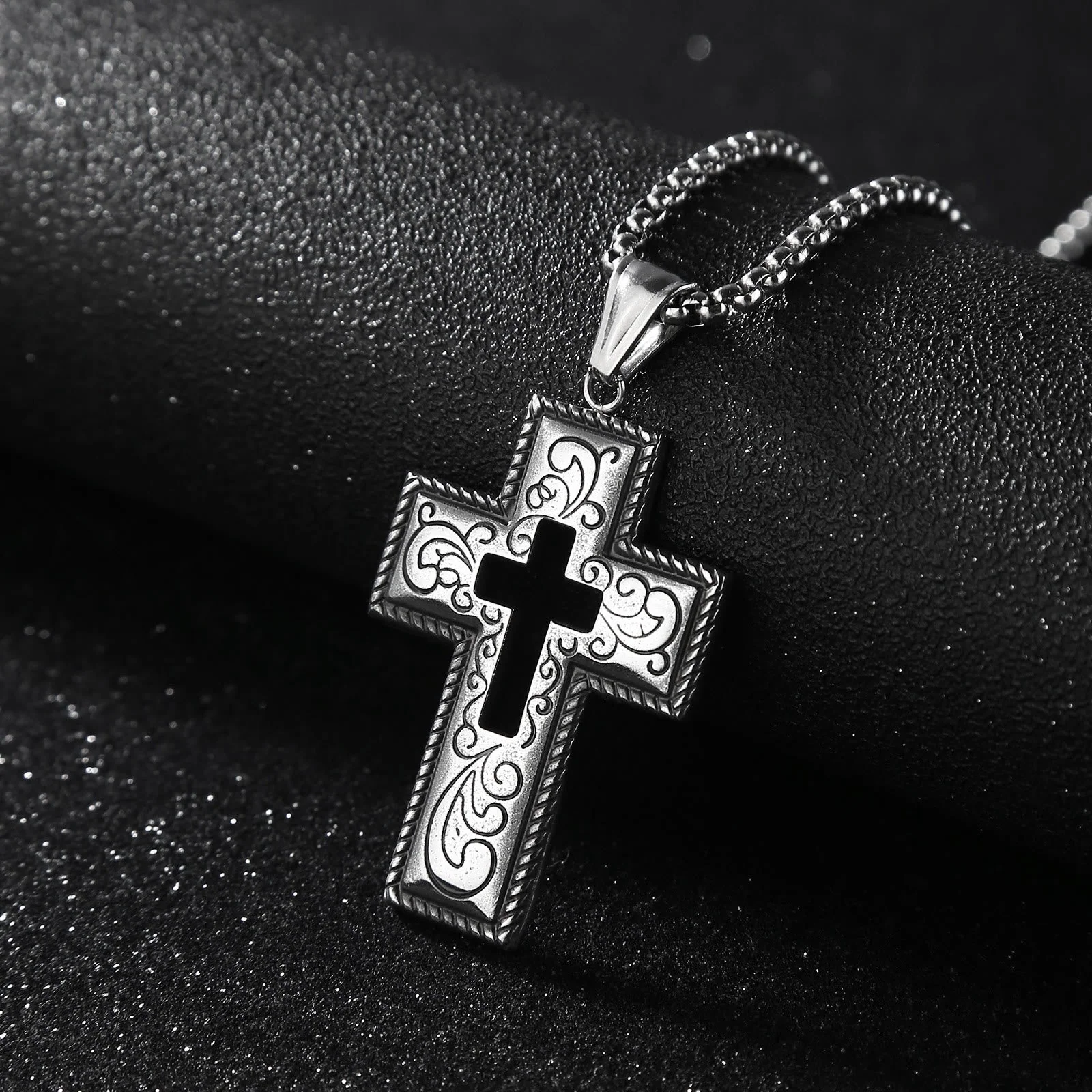 Vintage Antique Hollow Center Cross Necklace with Floral Scroll Design
