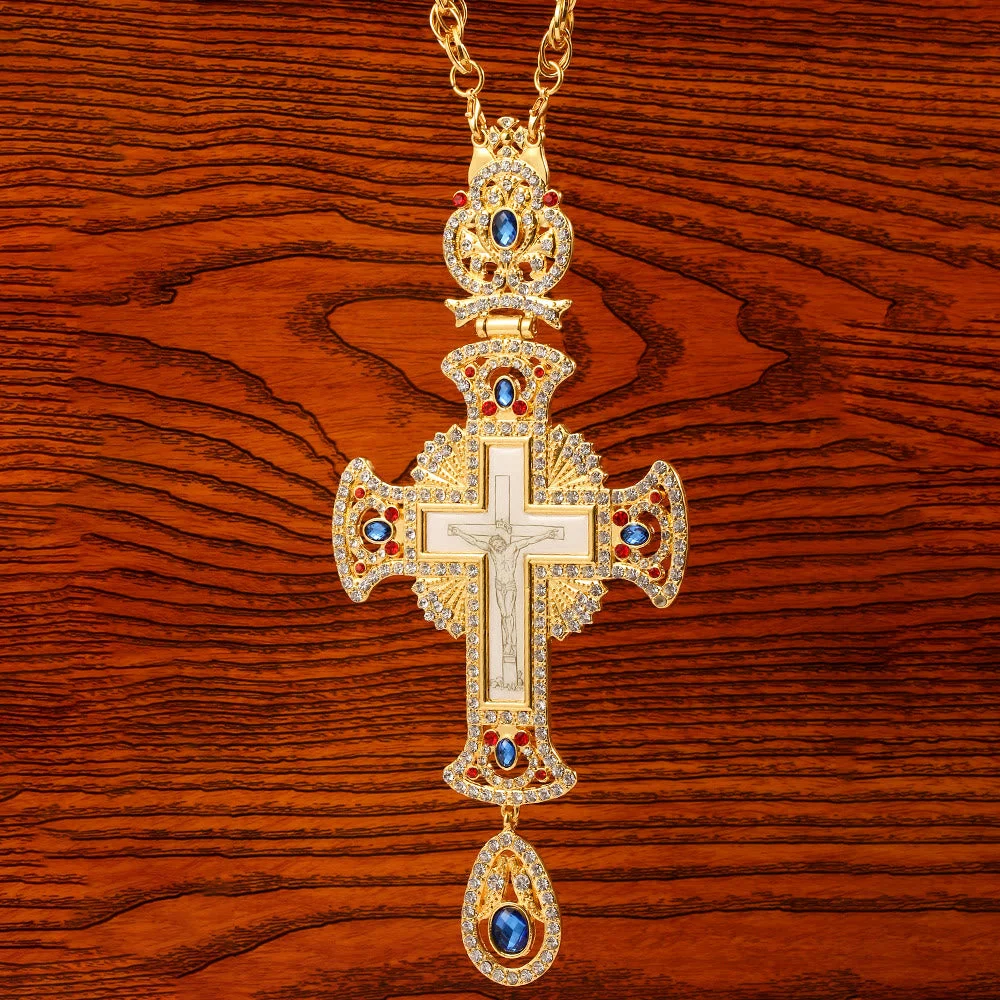 Gem-Adorned Ornate Orthodox Cross Pendant Necklace