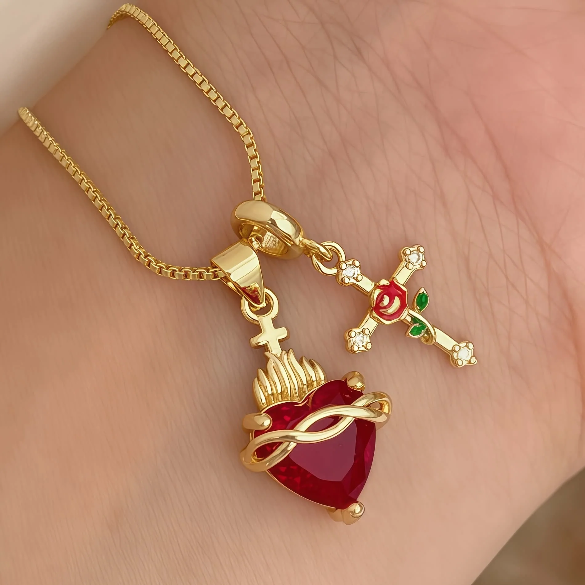 Sacred Heart & Rose Cross Pendant Necklace