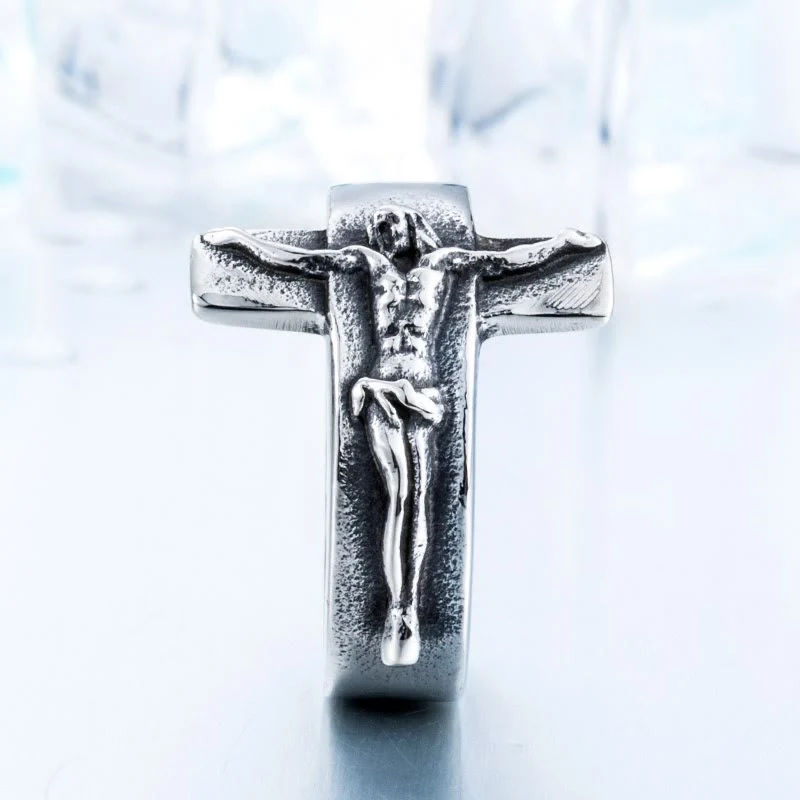 Vintage Crucifix Relief Stainless Steel Ring