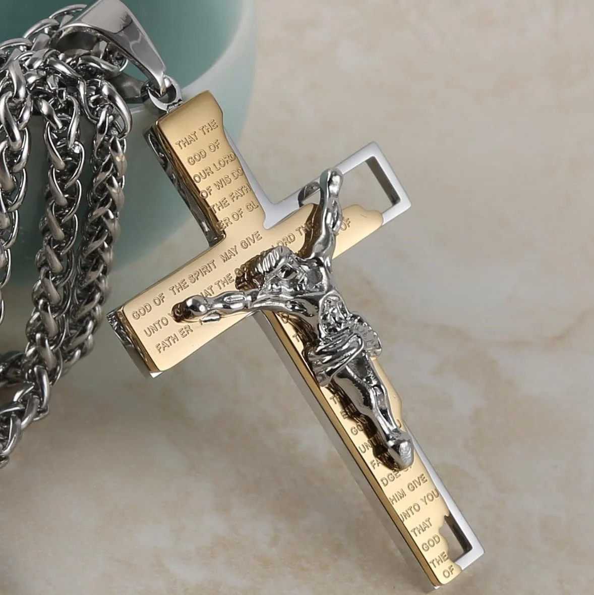 Stainless Steel Crucifix Bible Prayer Pendant Necklace Chain