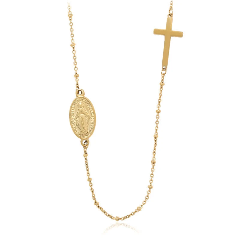 Elegant Gold-Tone Miraculous Medal&Simple Cross Pendant Necklace