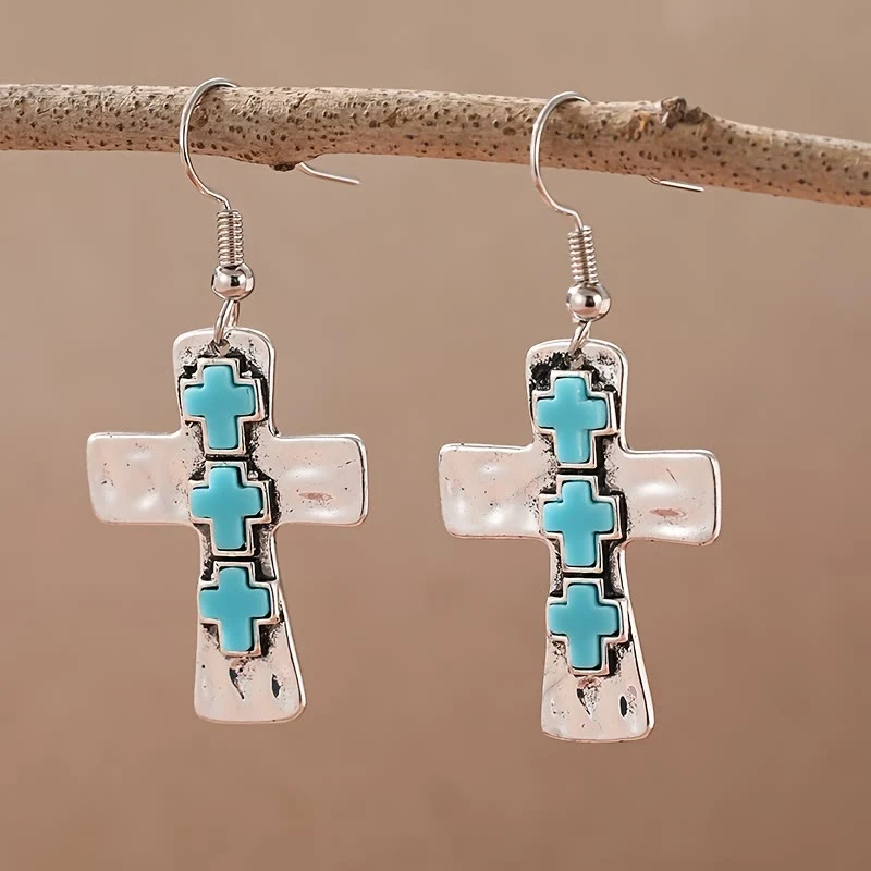 Textured Three-Cross Earrings with Stone Inlays