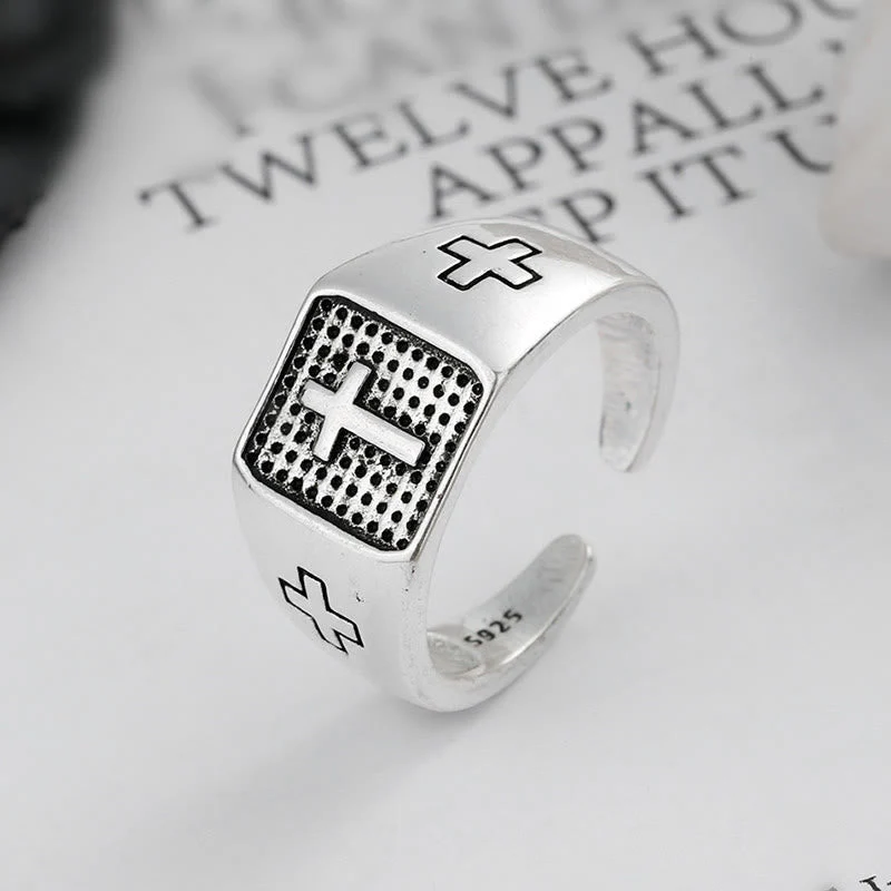 925 Sterling Silver Minimalist Cross Engraved Adjustable Faith Ring