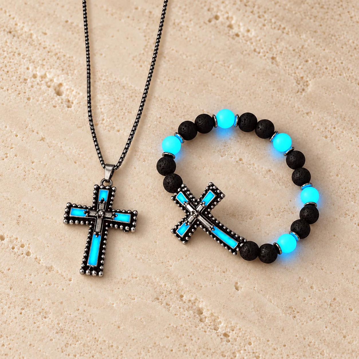 Glow-in-the-Dark Cross Jewelry Set with Volcanic Stone