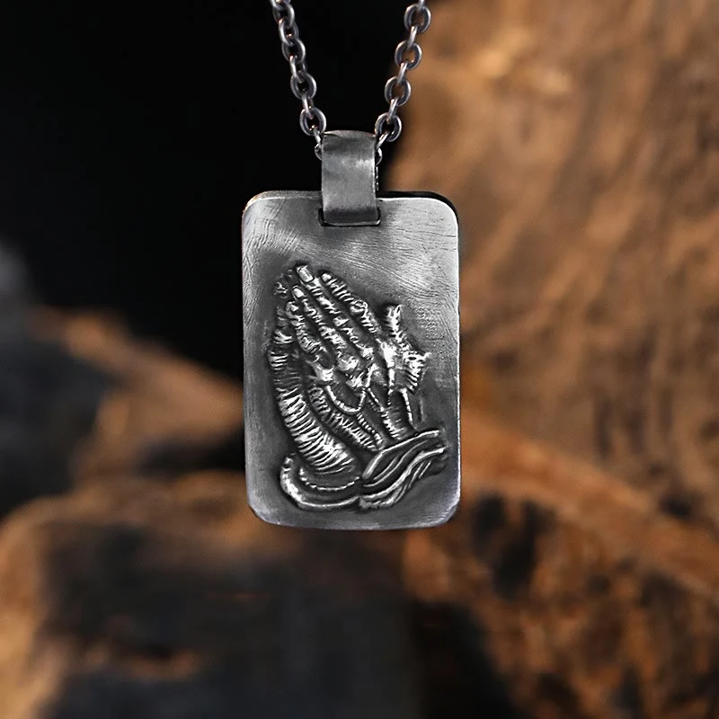 Retro Pray Hands Silver Medal Faith Necklace