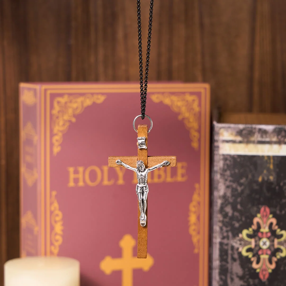 Classic Style Wooden Craft Alloy Crucifix Faith Pendant Necklace