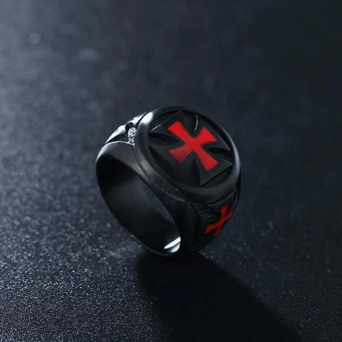 Black & Crimson Faith Armor Templar Cross Signet Ring