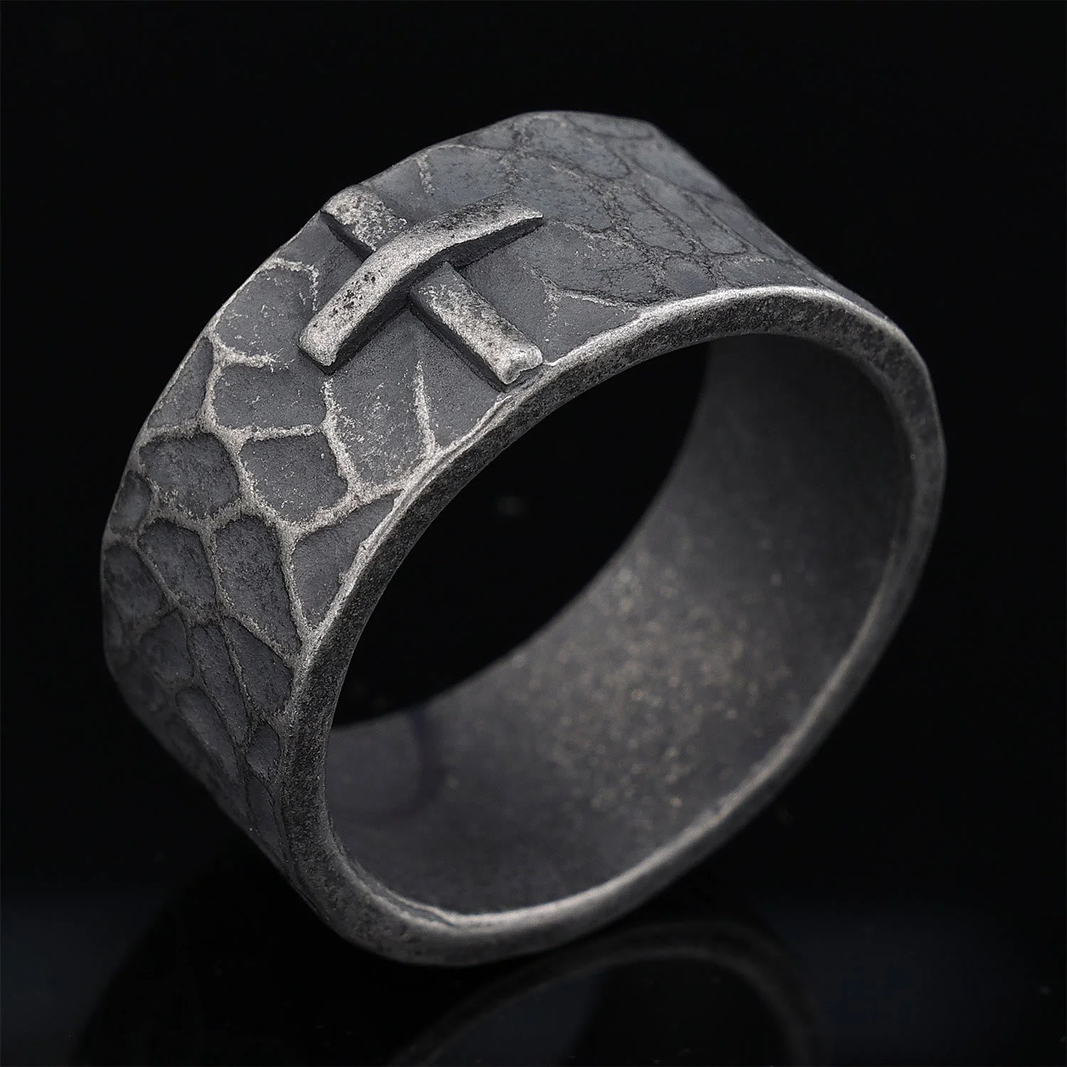 Vintage Style Ancient Texture Forged Stone Cross Ring