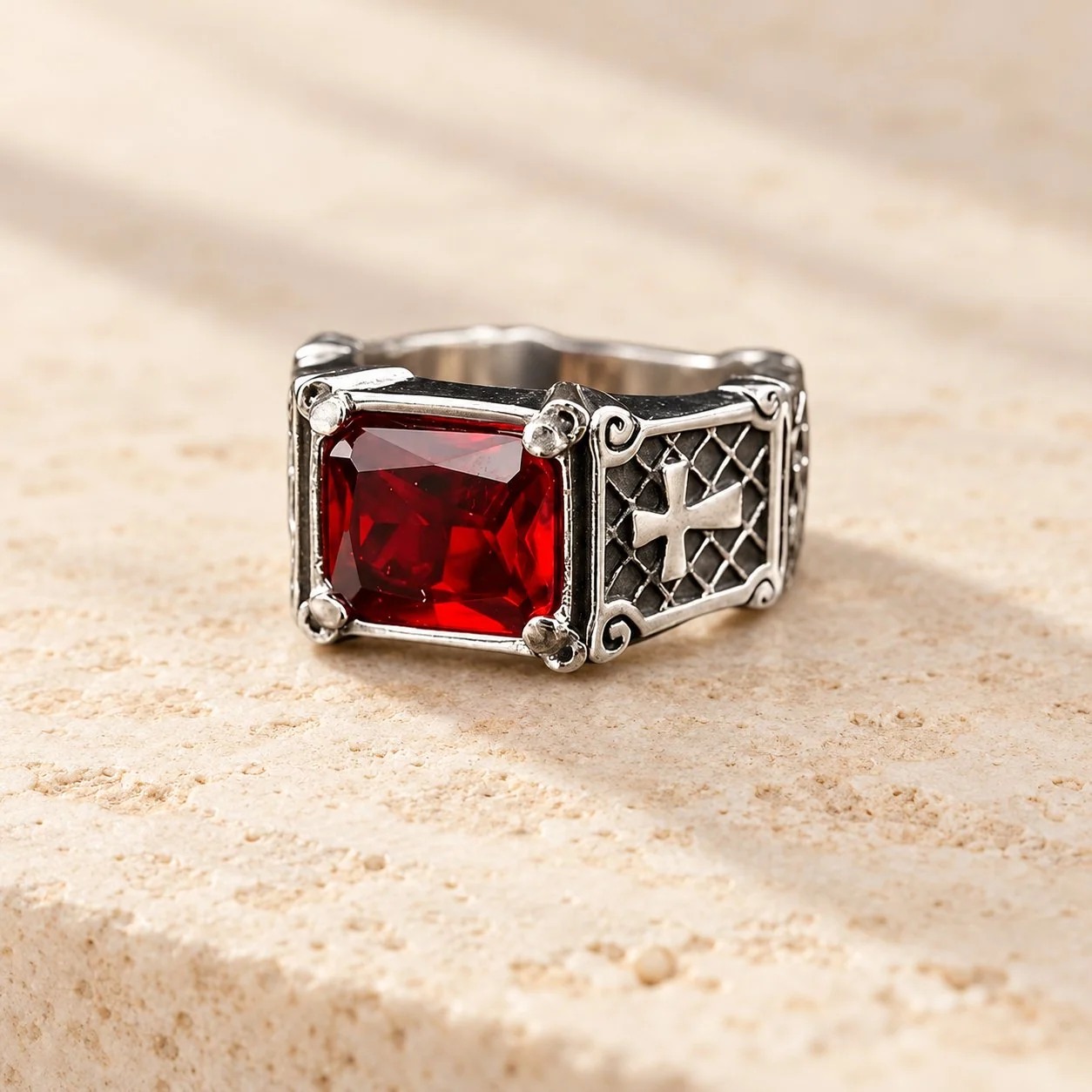 Red & Black Gemstone Cross-Embellished Couple Ring