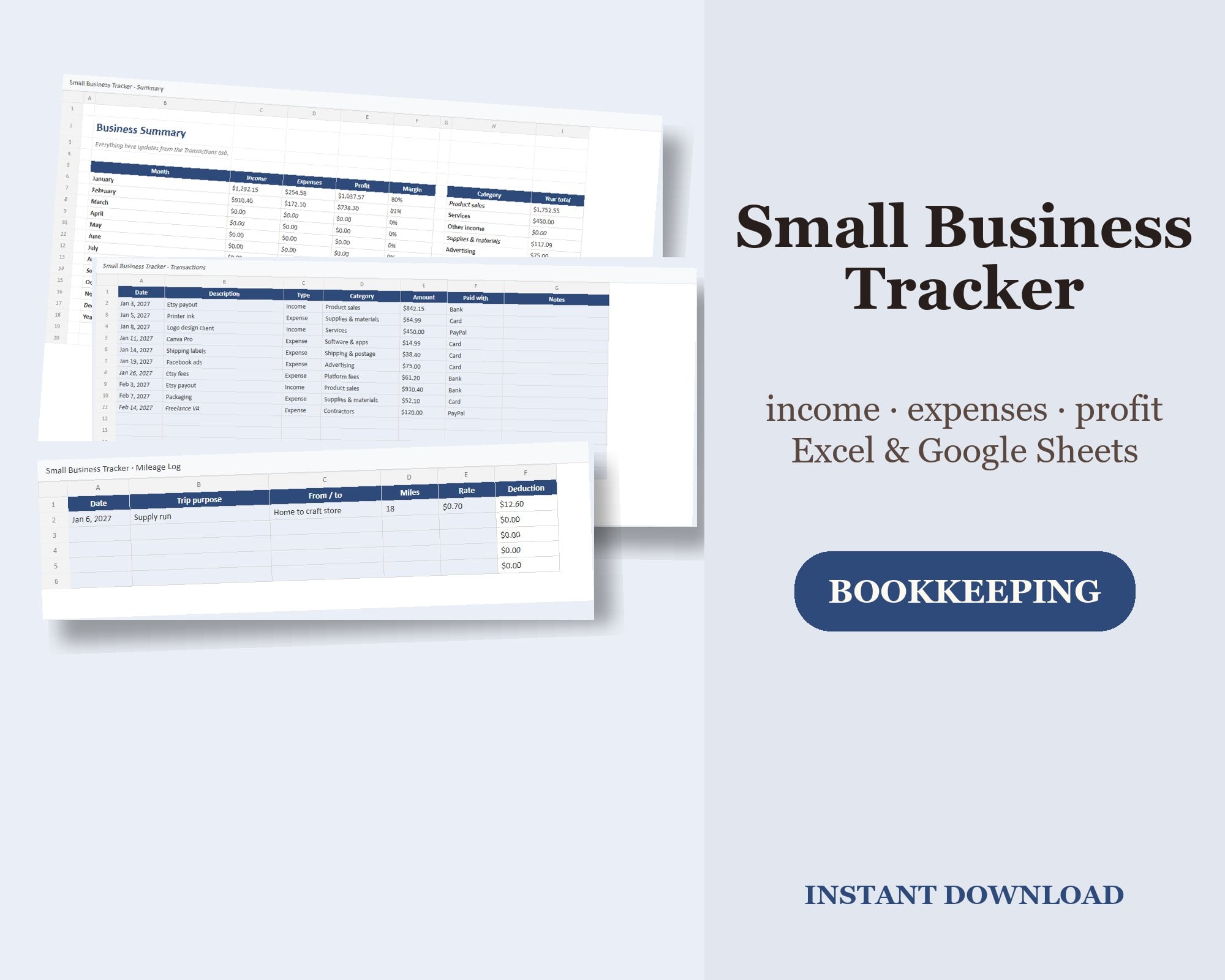 Bookkeeping Spreadsheet: Income, Expense & Profit | Excel & Google Sheets