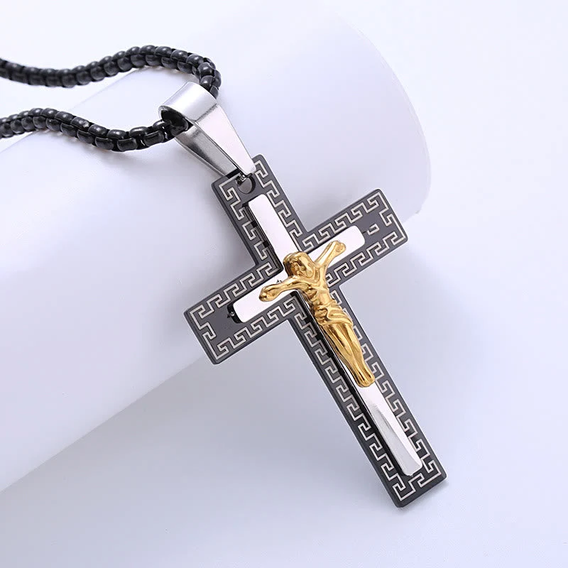 Retro Style Triple Layer Crucifix Pendant Titanium Necklace
