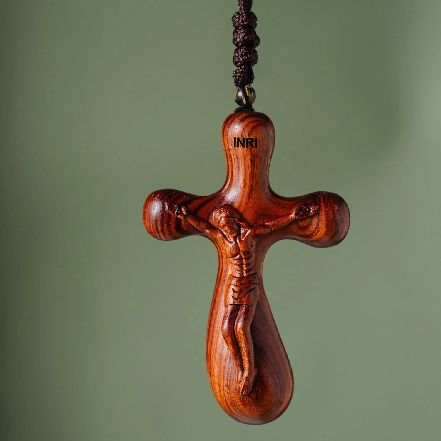 Vintage Sandalwood INRI Crucifix Car Pendant & Necklace
