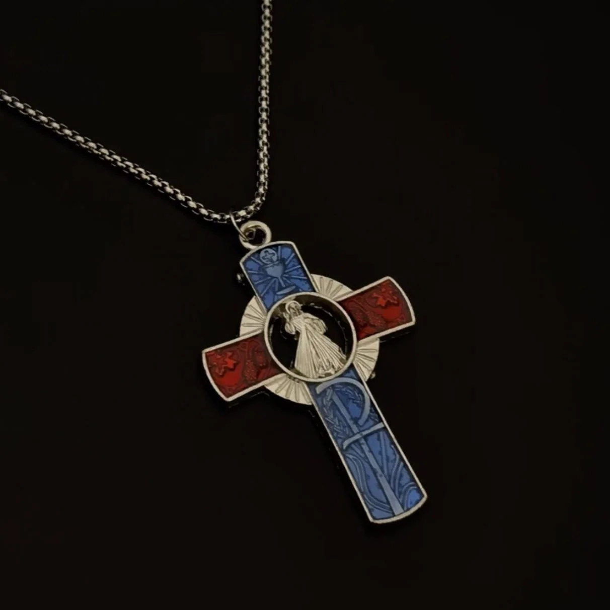 Classic Divine Mercy Portrait in Vivid Red and Blue Cross Necklace
