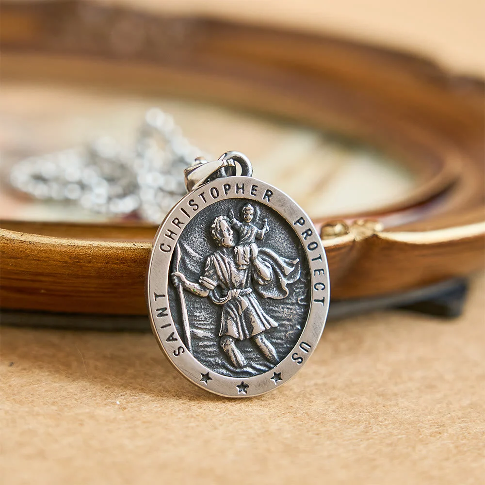 St. Christopher Protect Us Oval Medallion Necklace