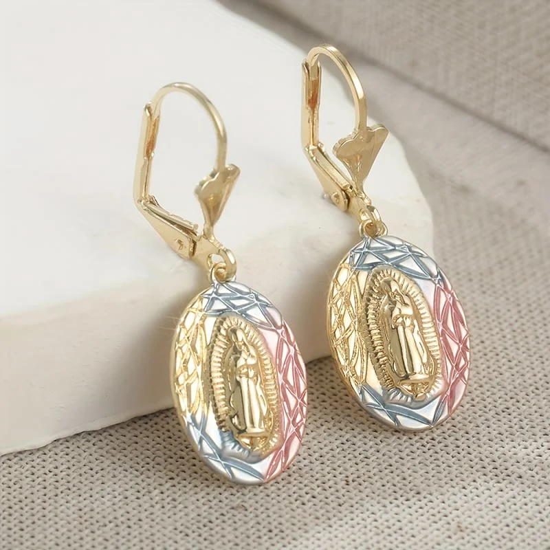 Ornate Our Lady Oval Drop Earrings