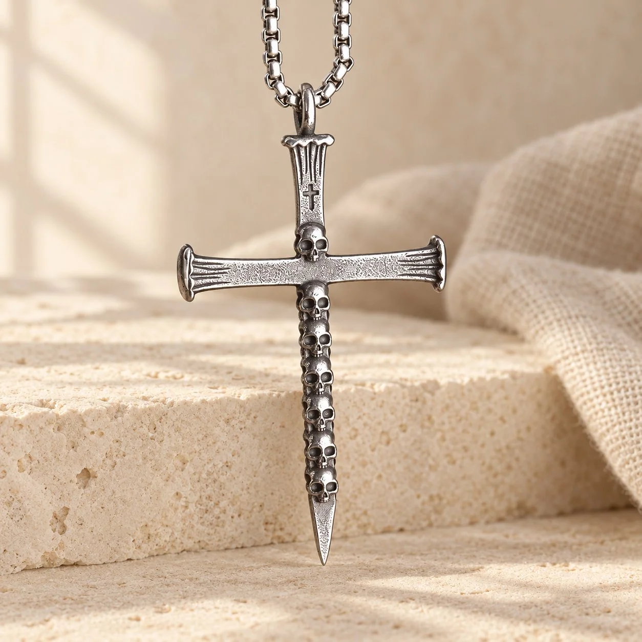 Titanium Steel Skull Nail Cross Pendant Necklace