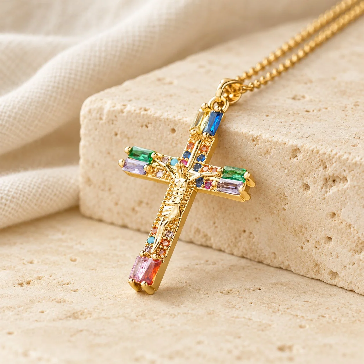 Retro Bohemian Style Colored Zirconia Cross Titanium Steel Necklace