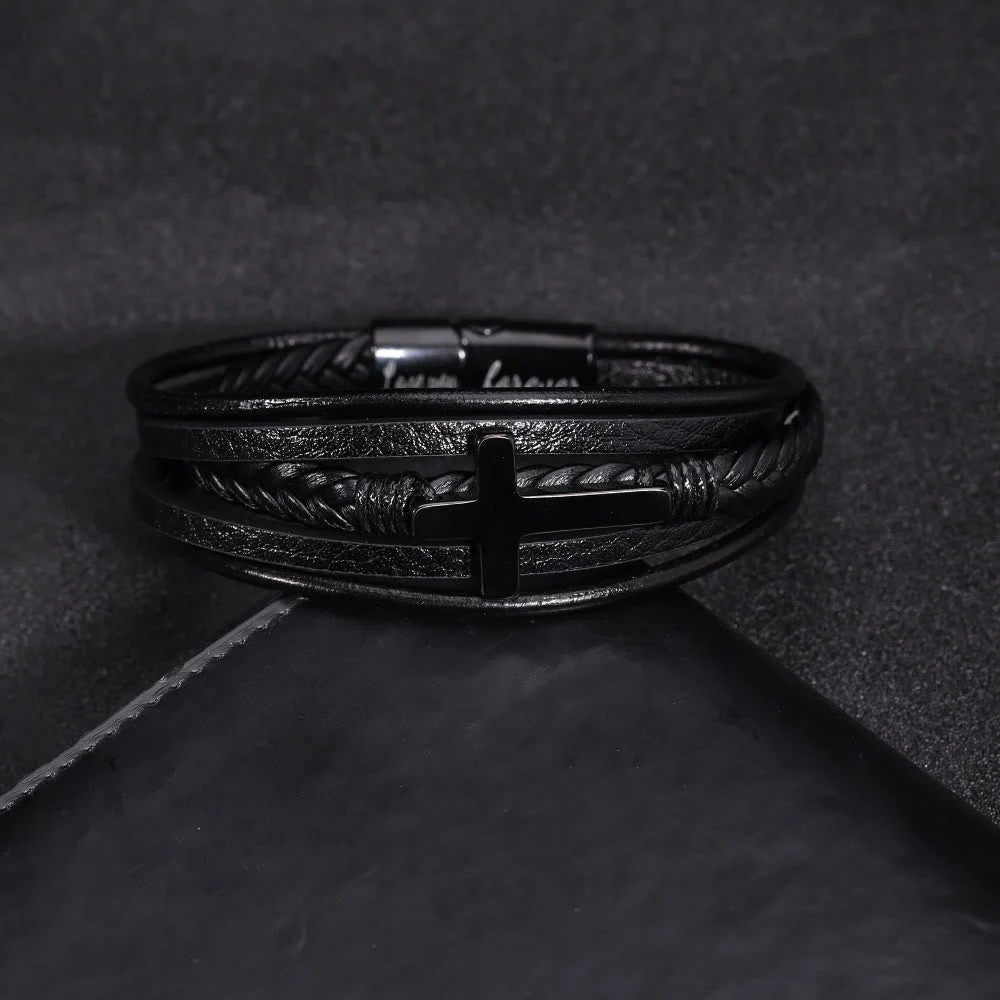 Cross of Black Leather Cuff Band Bracelet