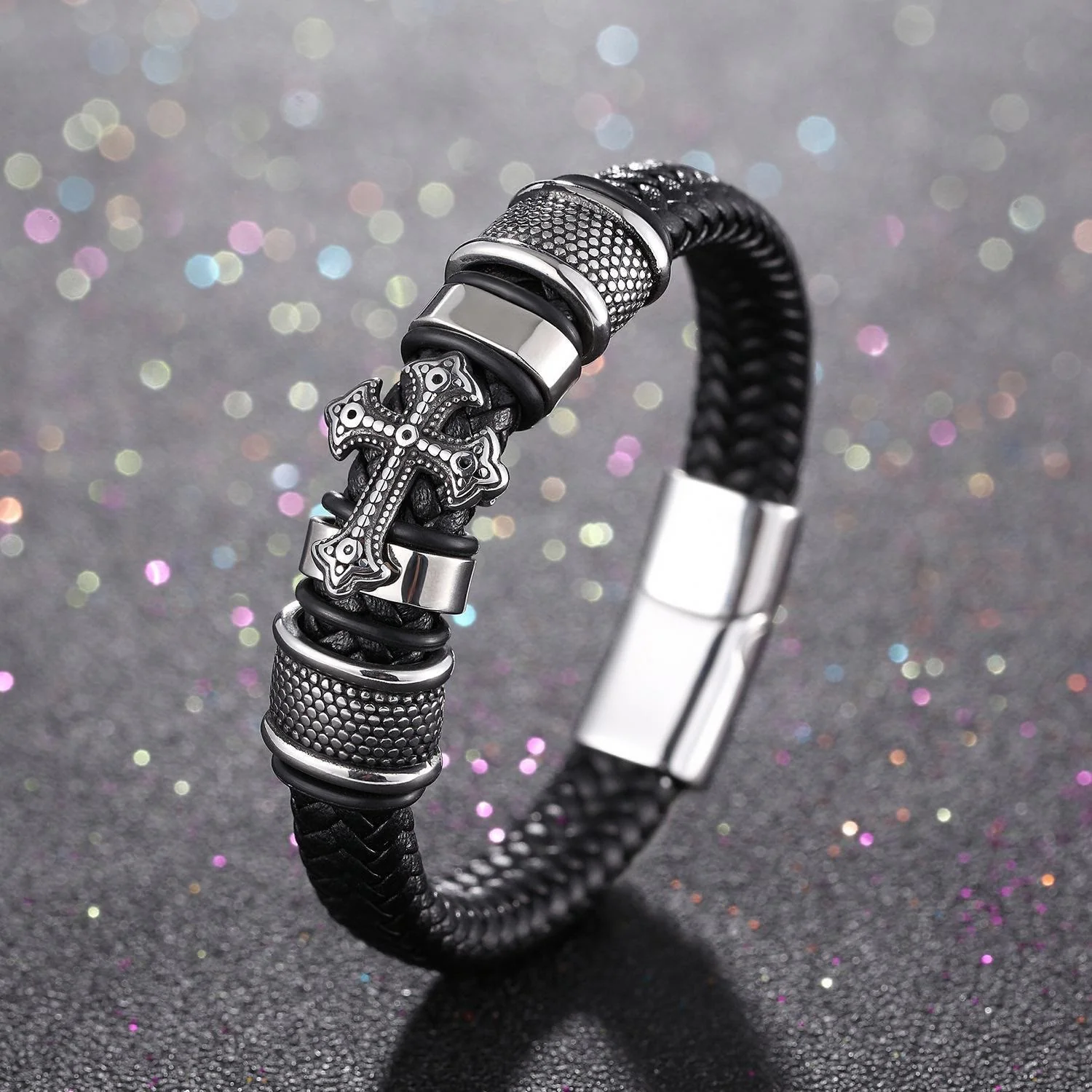 Classic Two-Tone Holy Cross Leather Bracelet with Braided Design