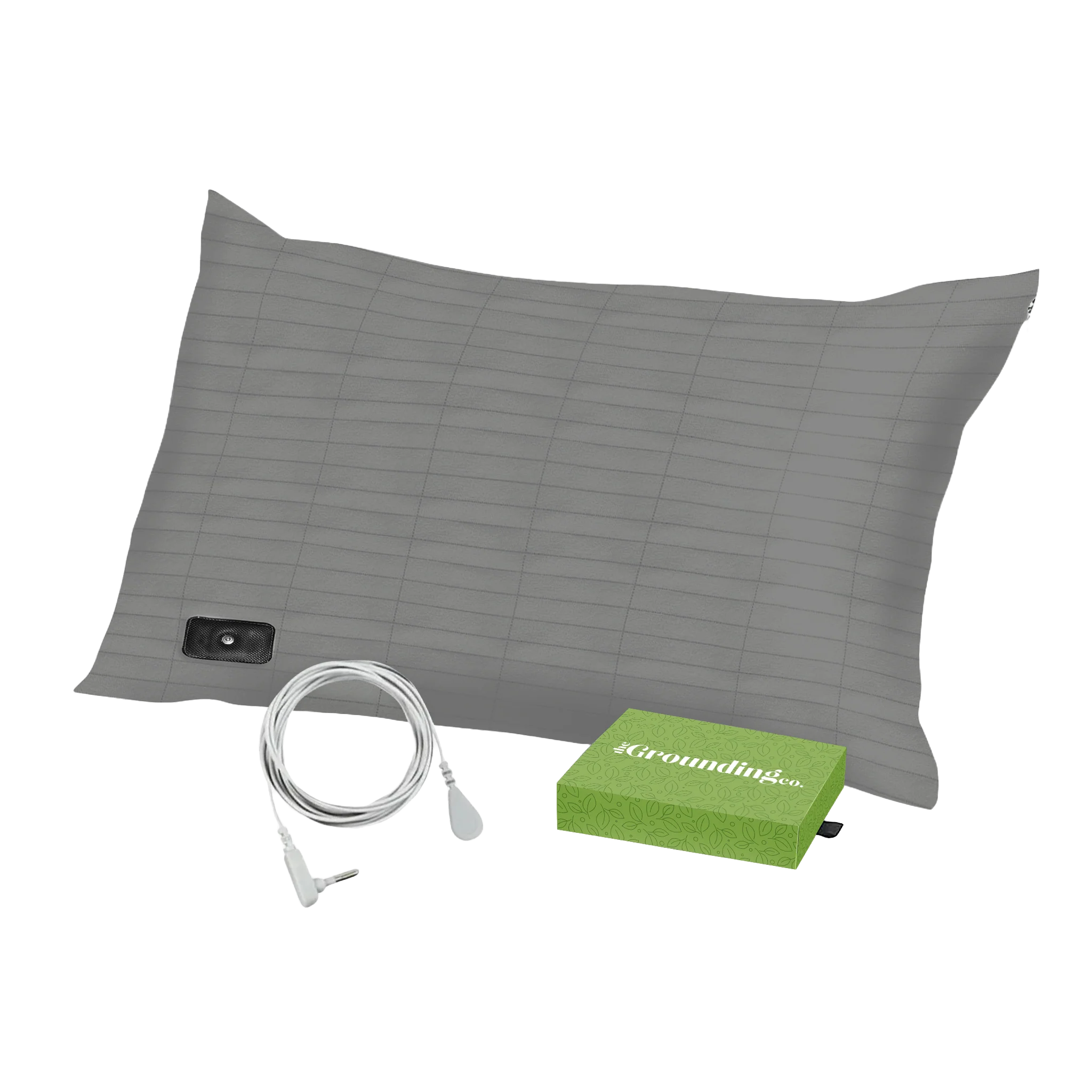 Gray grounding pillow with a white cord and a green box.