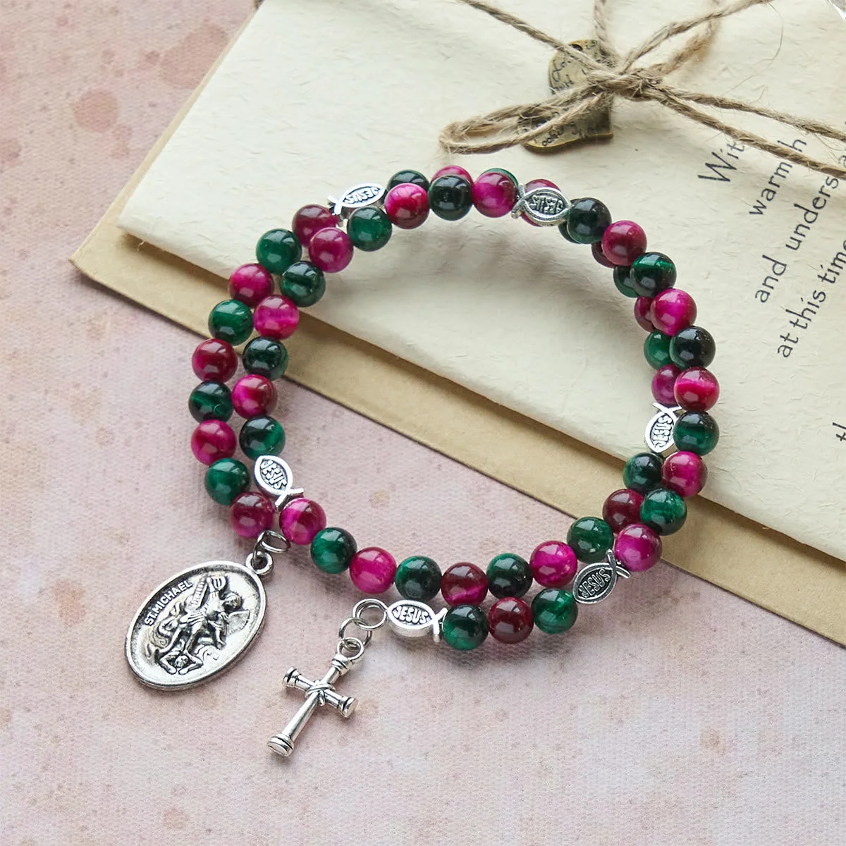 Dual-Toned Tiger Eye Memory Wire Rosary Bracelet with Saint Michael