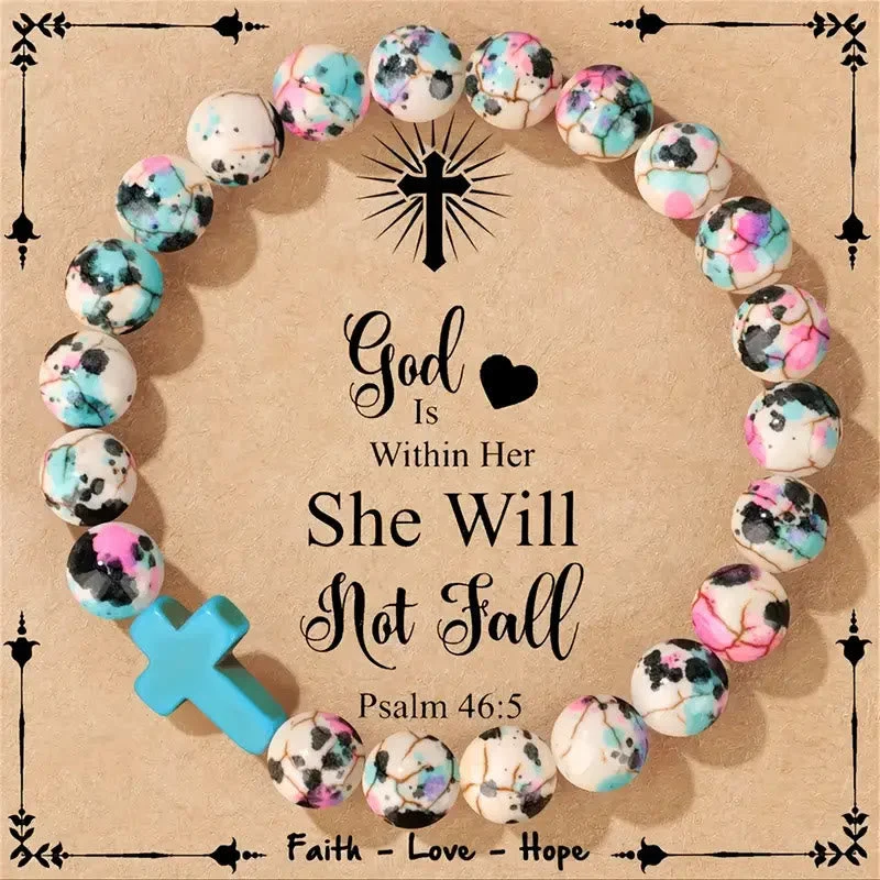 Inspirational Psalm 46:5 Cross Bracelet with Colorful Crackle Beads