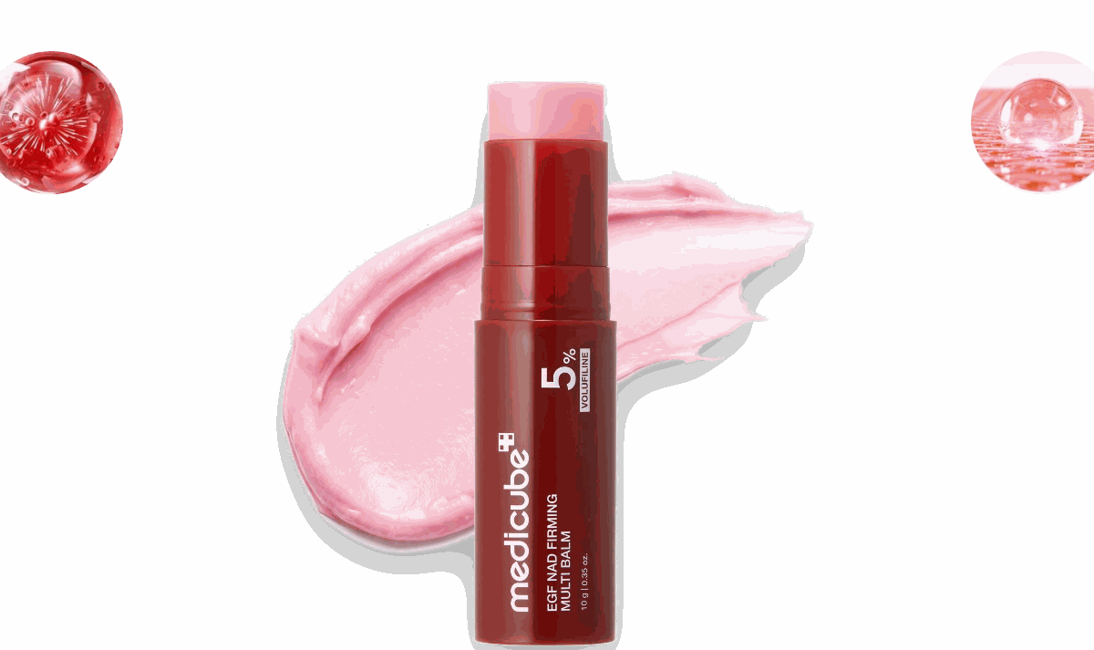 medicube NAD+ EGF Firming Multi Balm with a swatch of the pink balm