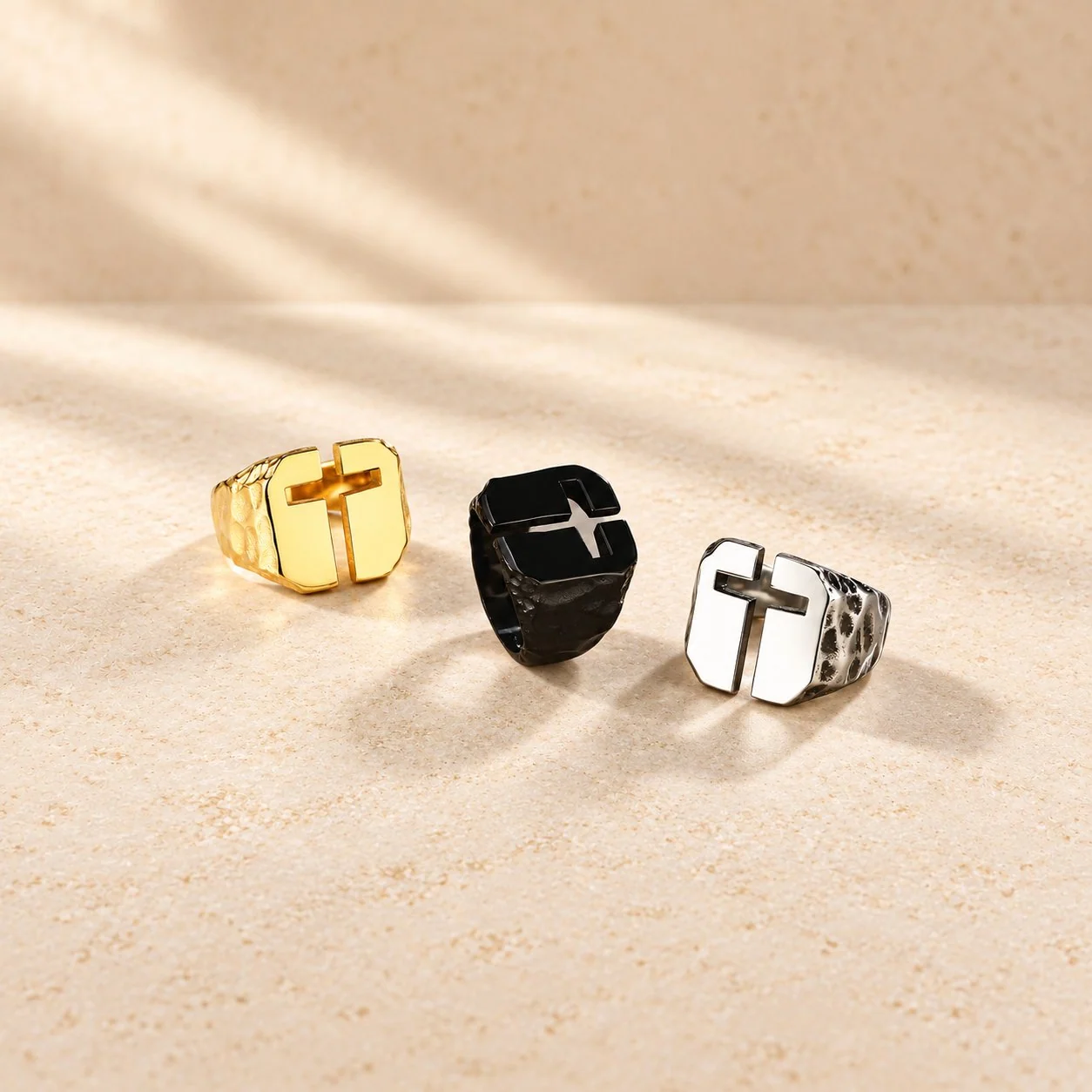 3 Colors Minimalist Style Cross Engraved Stainless Steel Faith Ring