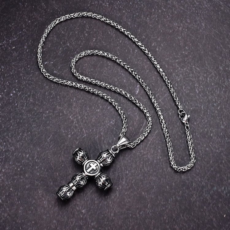 Flame-Pattern Thick Cylinder Cross Necklace with Raised Center Emblem
