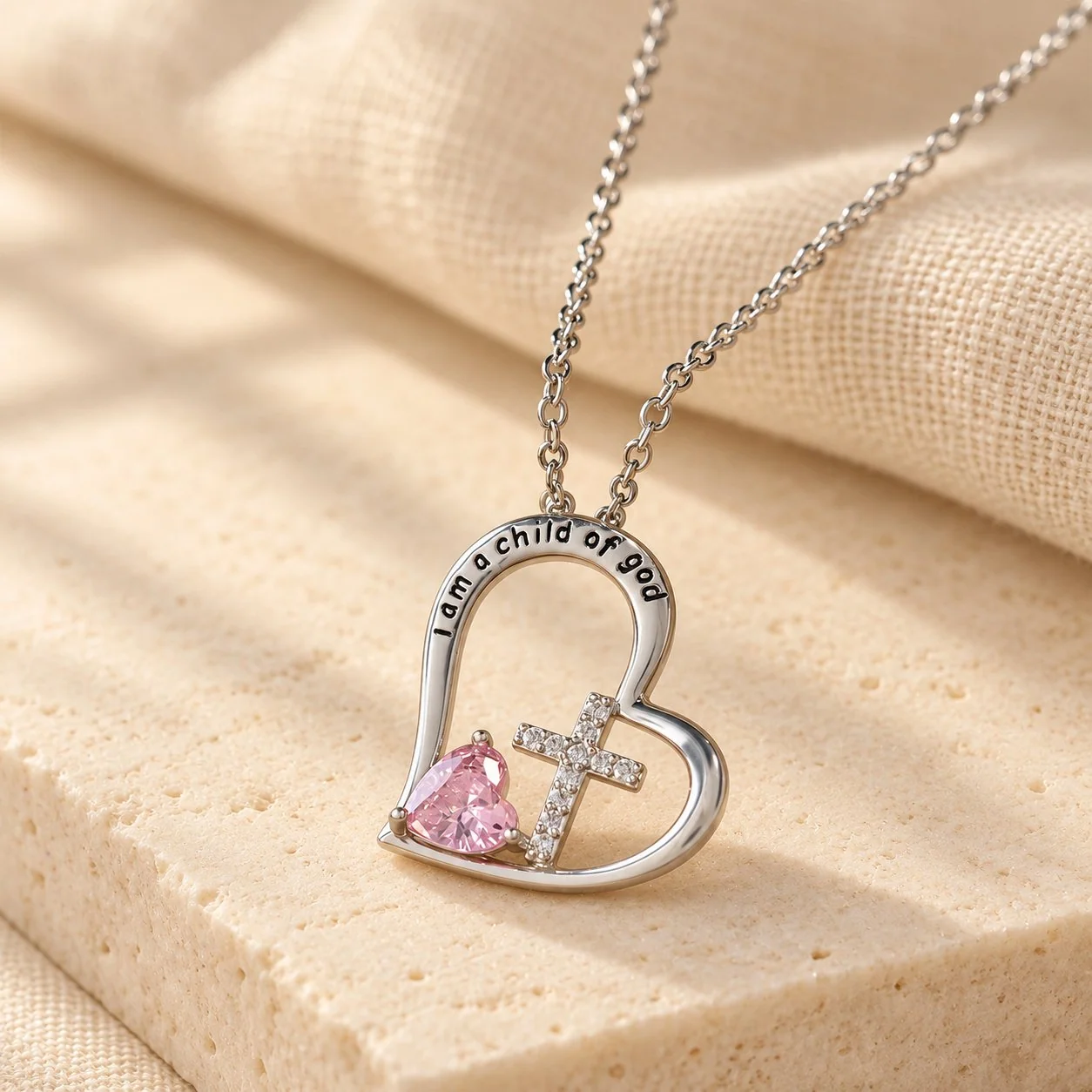 I Am a Child of God Heart Cross Necklace with Zircon Accents