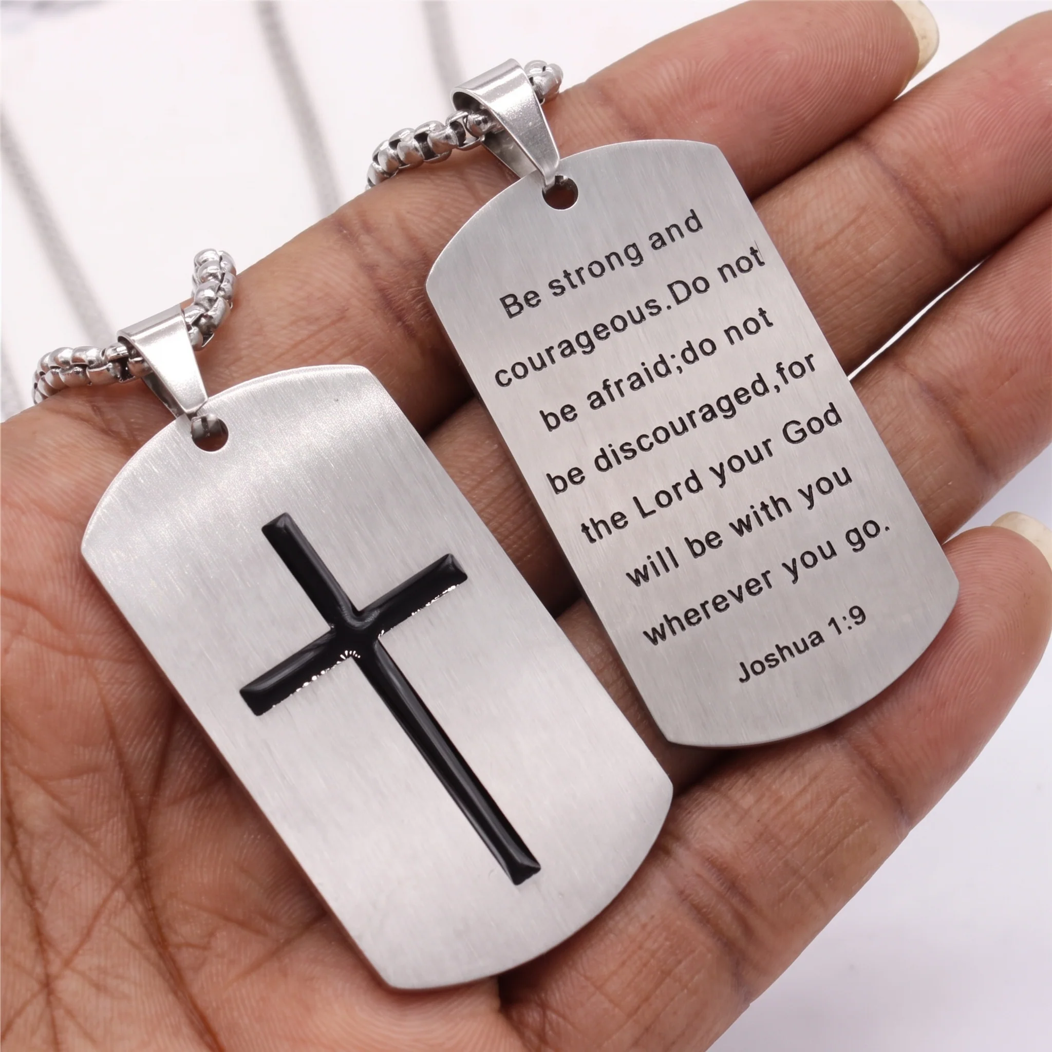 Stainless Steel Cross & Joshua 1:9 Dual-Sided Necklace for Courage