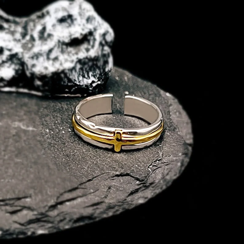 Retro Minimalist Style Two-Tone Cross Blessing Ring