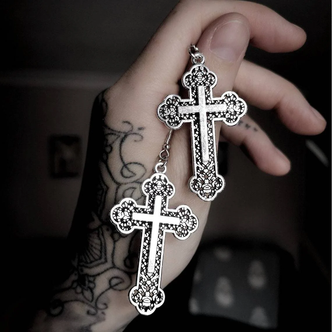 Vintage Filigree Cross Drop Earrings