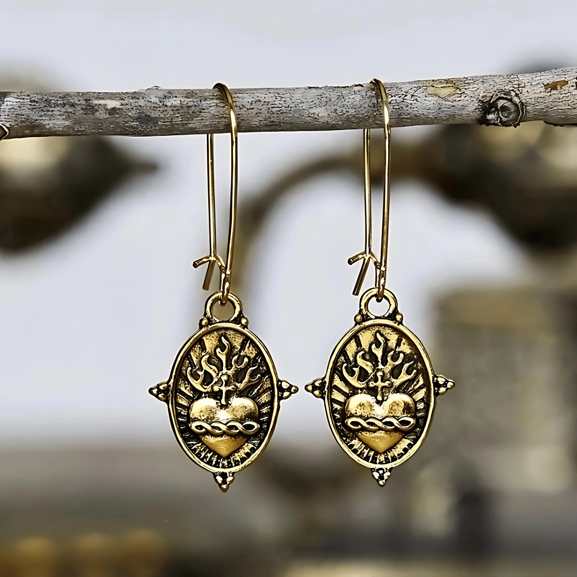 Vintage Style Sacred Heart Dangle Earrings