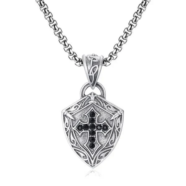 Ornate Shield-Shaped Crucifix Necklace with Black Zircons Inlays