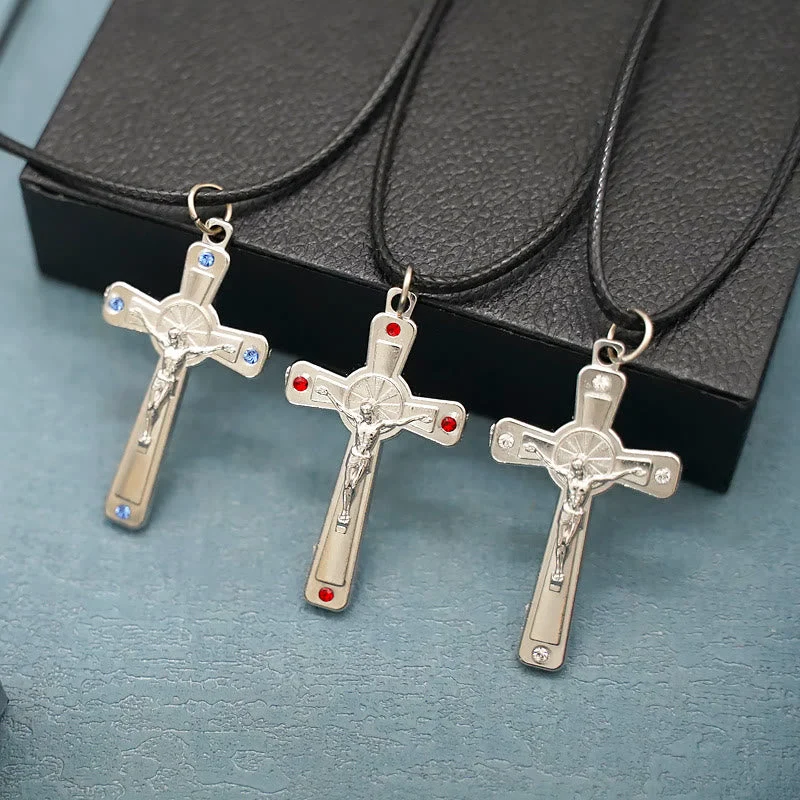 Retro Claasic Style Crucifix with Colorful Gemstone Pendant Necklace