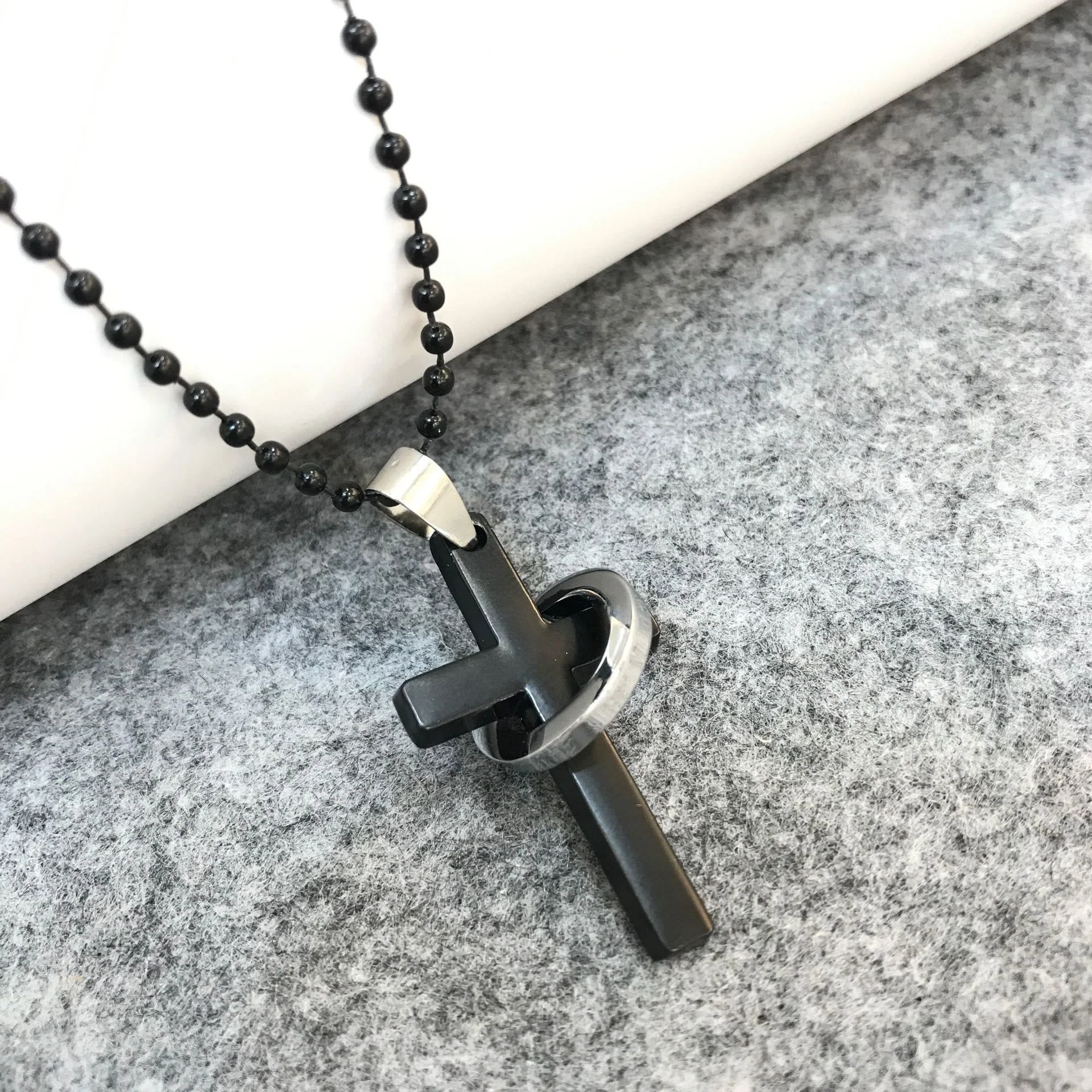 Minimalist Style Cross Ring Black Pendant Alloy Necklace