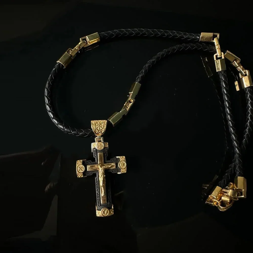 Luxury Style Crucifix Jesus Cross Black-gold Alloy Pendant Necklace