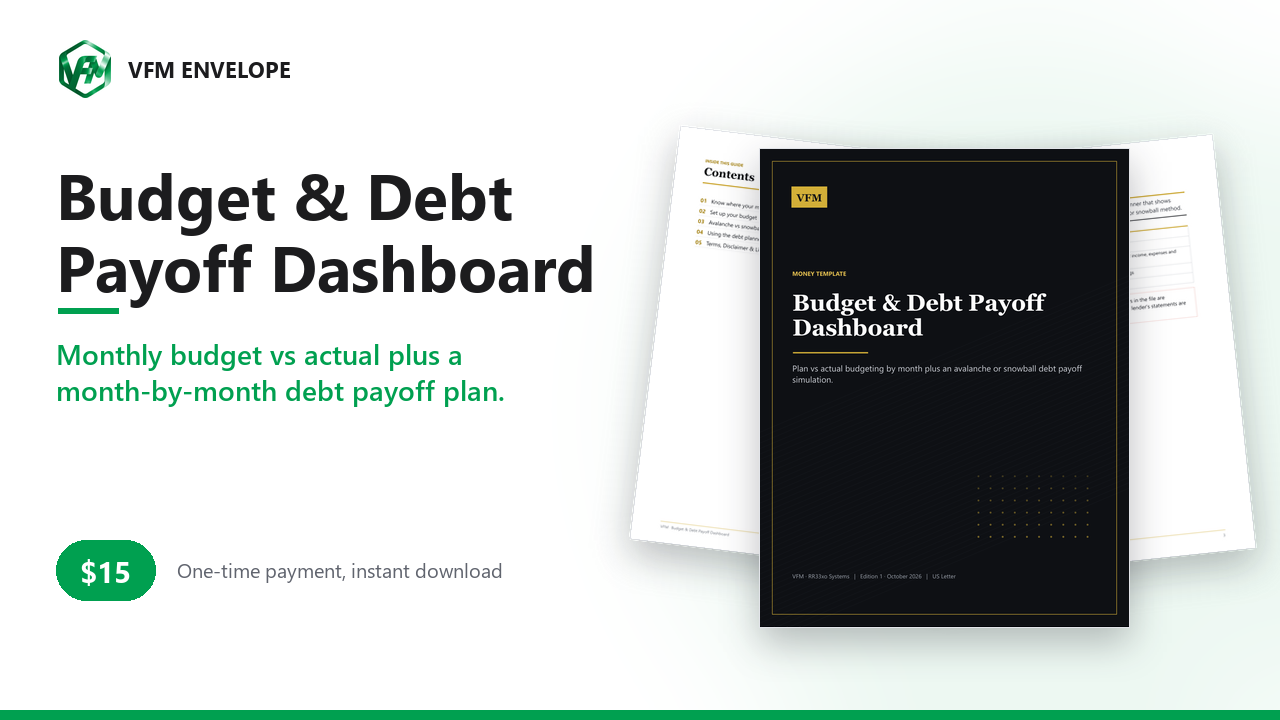 Budget & Debt Payoff Dashboard: Plan vs Actual + Avalanche/Snowball