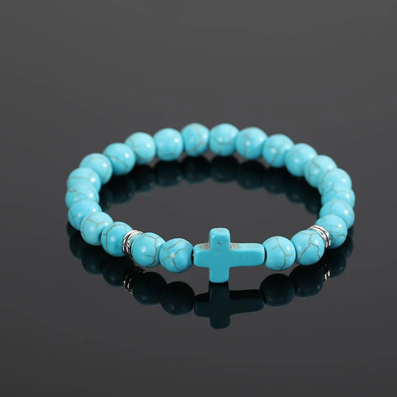 Turquoise Round Bead Cross String Bracelet Jewelry
