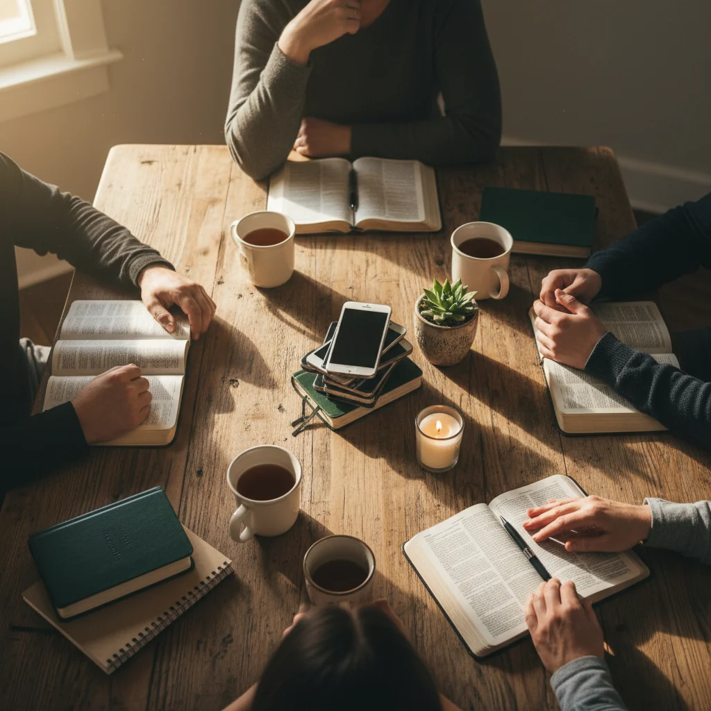 A small group sitting around a coffee table with phones stacked face-down on a side table, conversation cards and an open Bible in the center