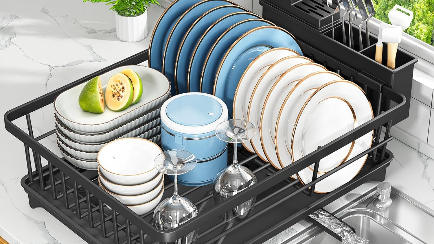 Kmiectse Compact Dish Drying Rack with Utensil Holder