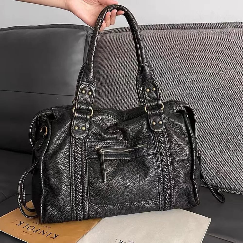 Vintage Chic | Black PU Leather Handbag with Multiple Pockets