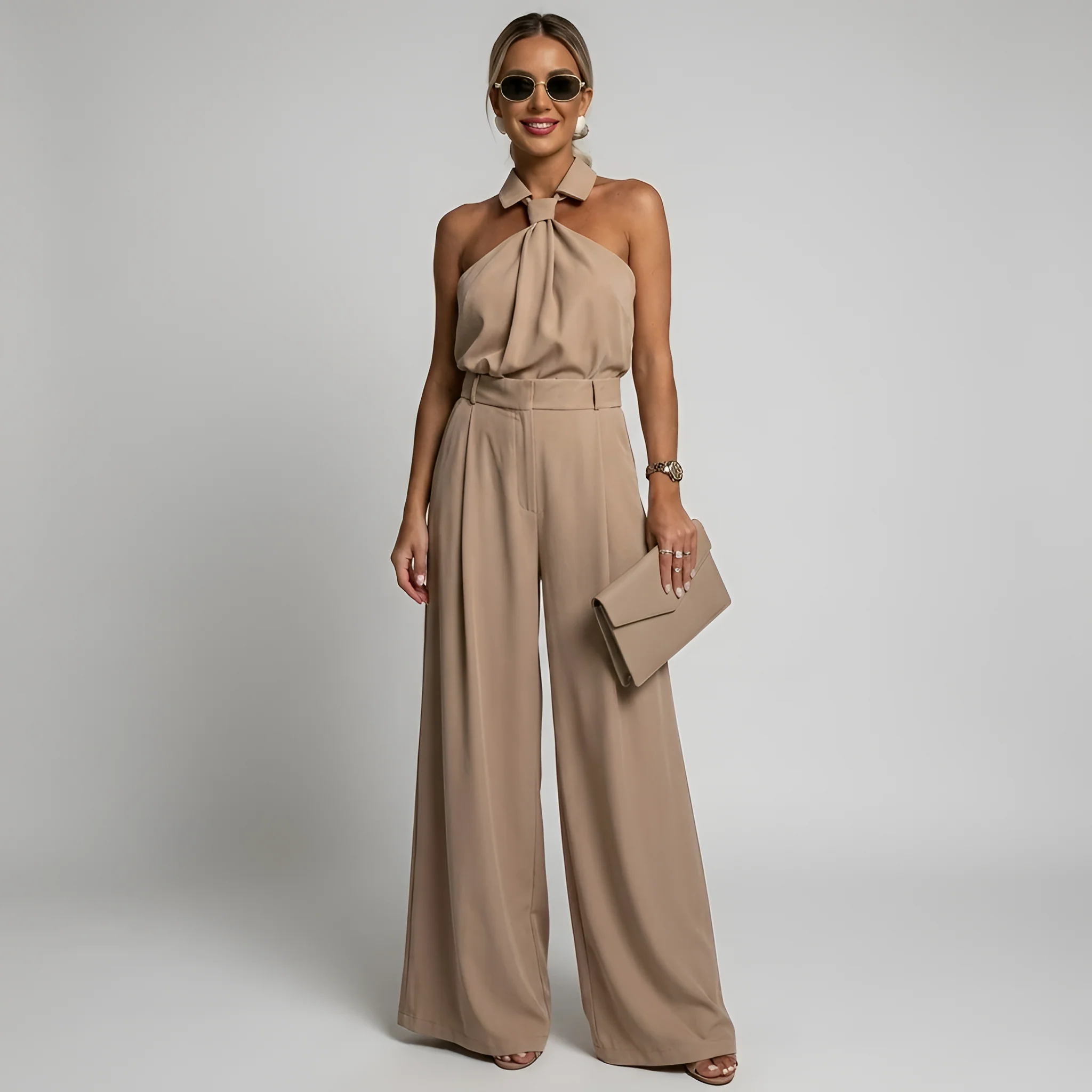 Elegant Women's Tracksuit Set with Palazzo Pants & Halter Top for Effortless Sty