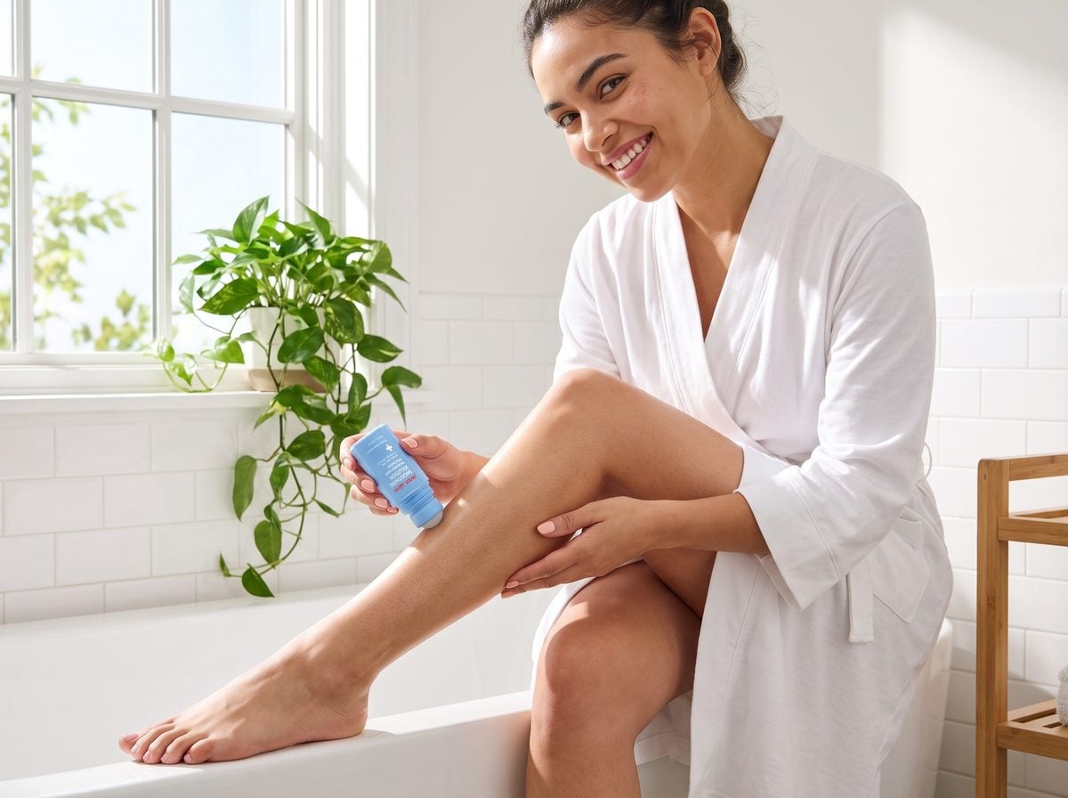 Woman in a bathrobe holding the Peach Slices Smoothing Solution roll-on by her leg