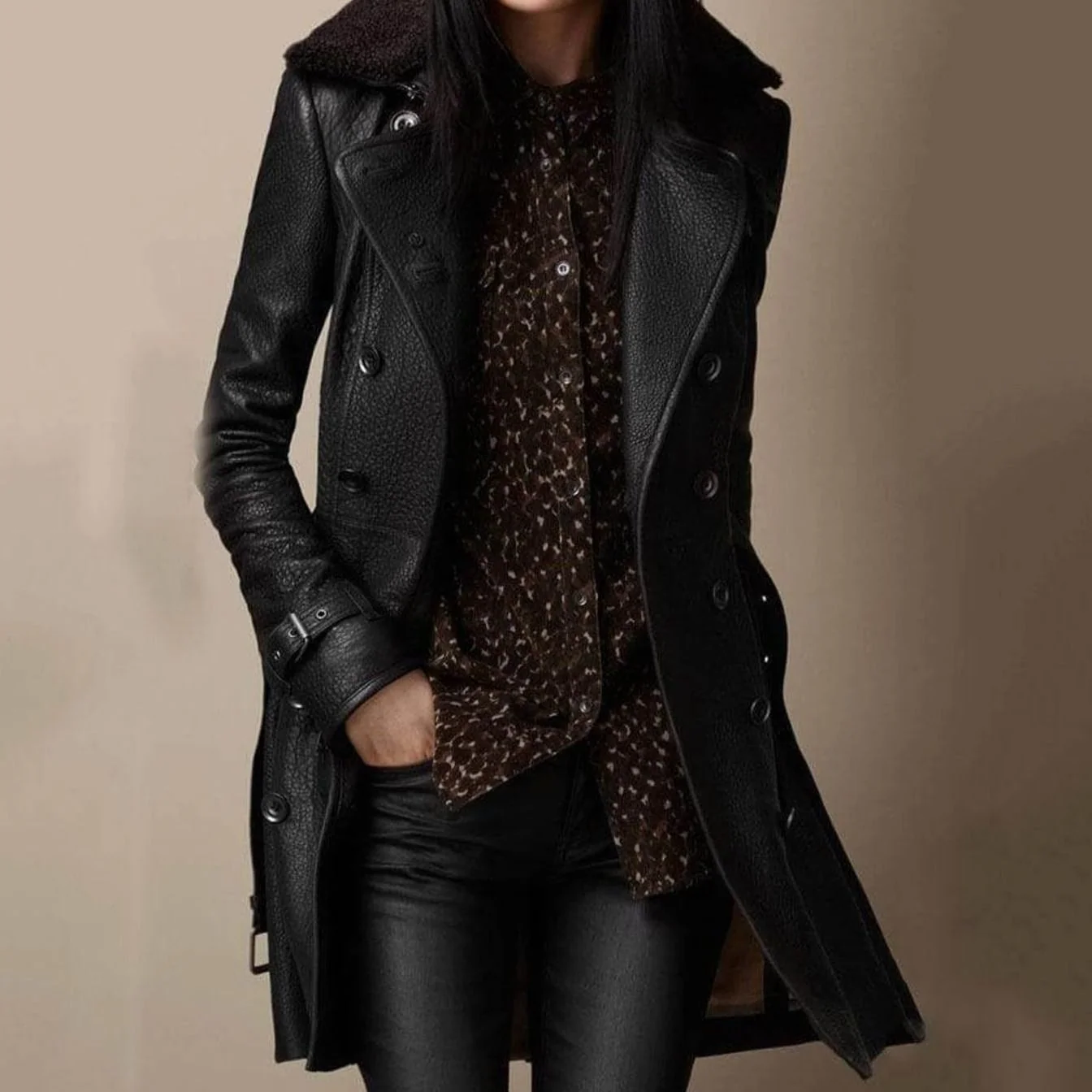 Halvine | Women's Belted Shearling-Collar Longline Leather Coat