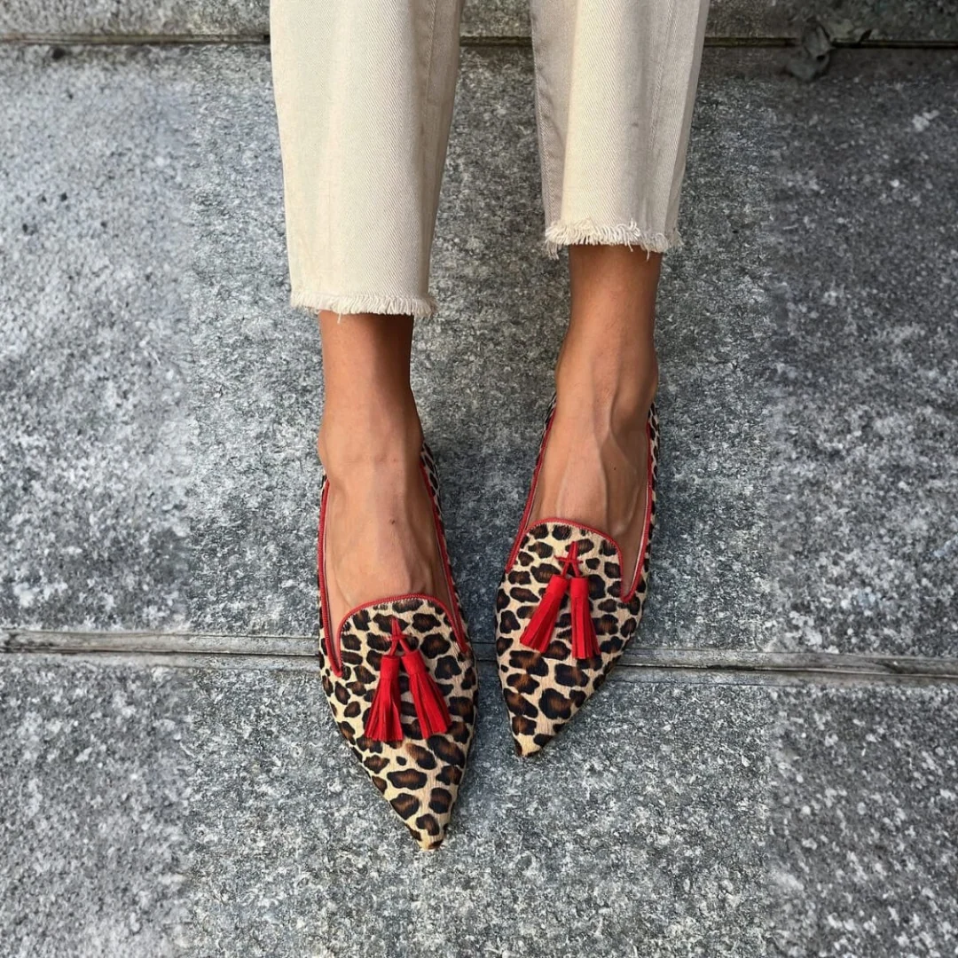 Pointed Loafers for Women with Red Tassels & Animal Print Design | Chic Style fo